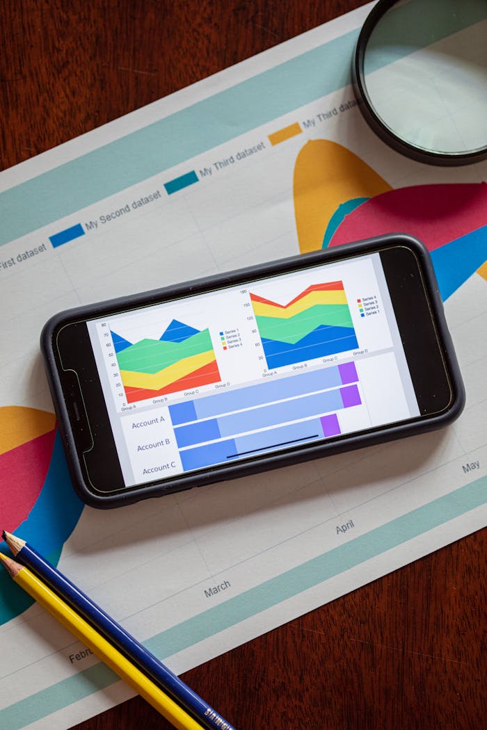 about-02 Smartphone displaying colorful data charts and graphs on a paper report with pencils.